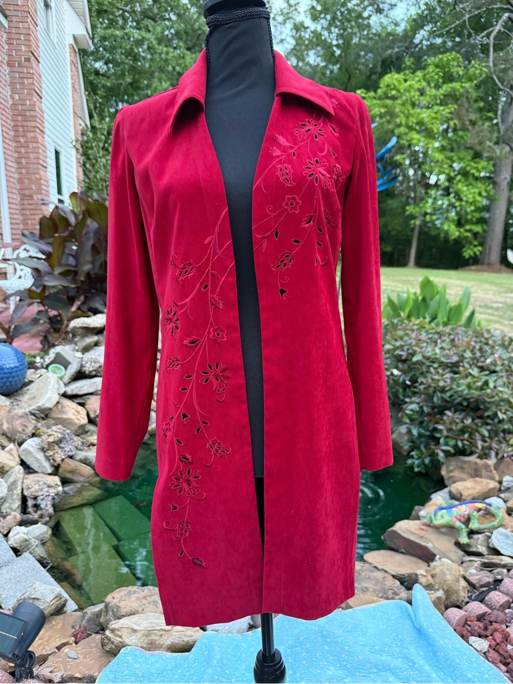 Studio One Red Long Open-Front faux suede jacket with Floral Cutwork